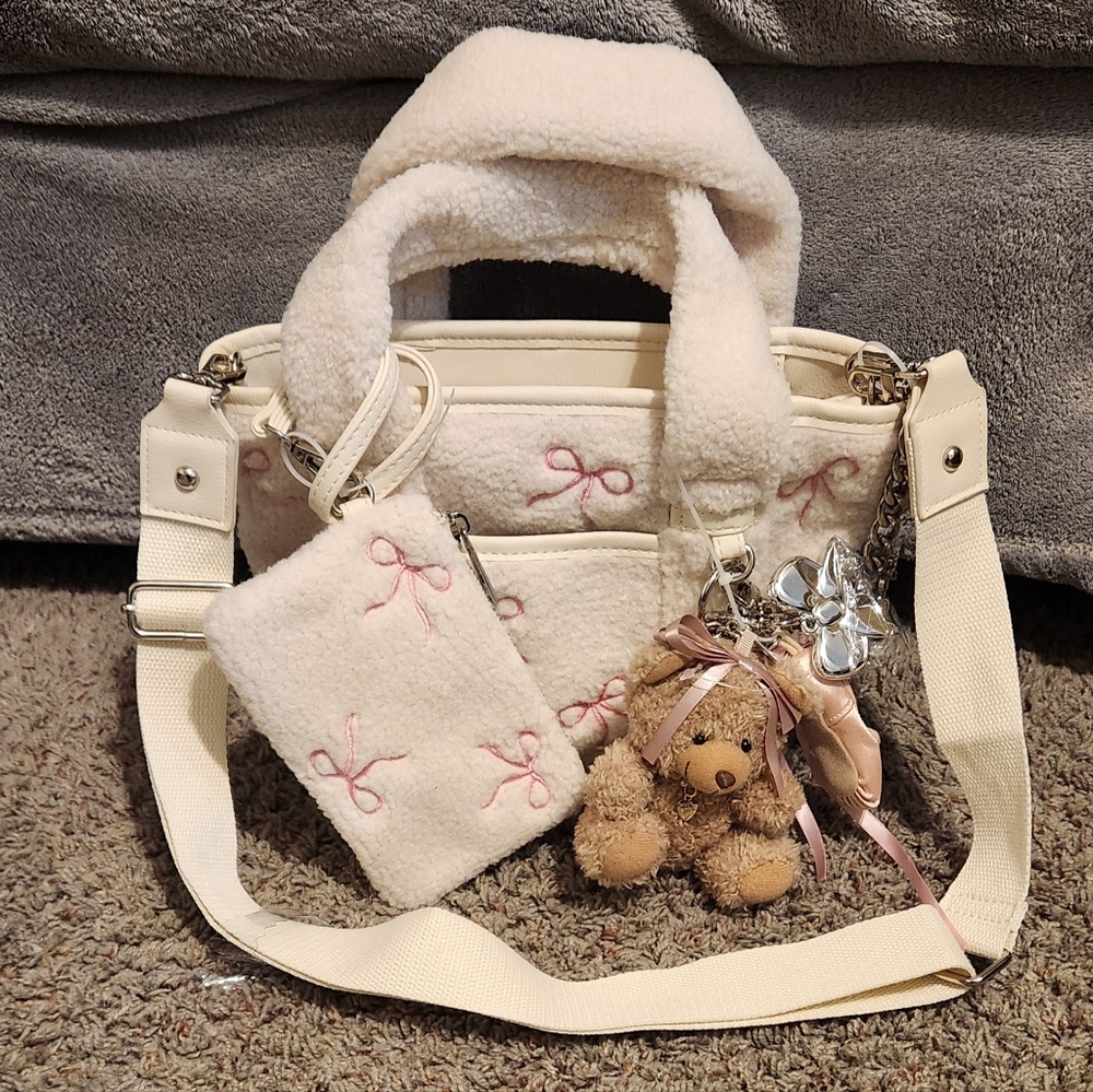 Madden Girl Cream and Pink Bow Accent Fleece Handbag with Charms